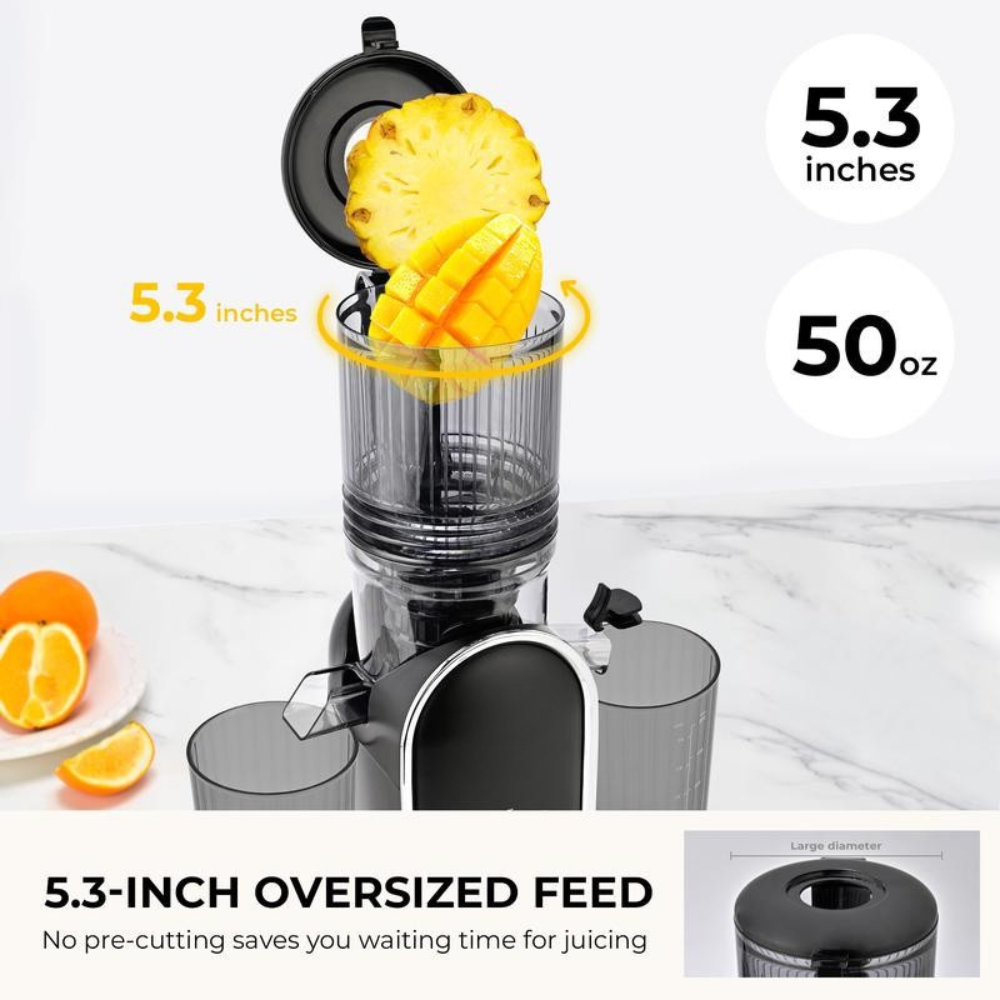 Glutra™ VitaPress Premium Cold Press Juicer – Extra-Wide 5.3” Feed Chute | Slow Masticating Stainless Steel Design for Whole Fruits & Vegetables | High Juice Yield, Easy-Clean, Maximum Nutrition & Fresh Flavor