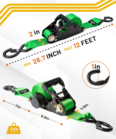 Glutra USA Heavy Duty 1" x 10' Retractable Ratchet Straps - Self Retracting Tie Down Straps for Trucks & Trailers (2 Pack or 4 Pack)